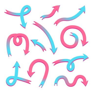 Parlak komik oklar. Web siteleri, posterler, reklamlar vs. için bir paket element. Şeffaf bir arkaplanda mavi ve pembe vektör imleci.