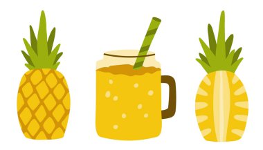 Sarı ananas ve meyve suyu dolu cam bir kavanoz. Tasarım için bir takım elementler. Ferahlatıcı bir yaz içeceği. Bankada baloncuklar. Tam ve yarım ananas. Çizim düz biçimli.