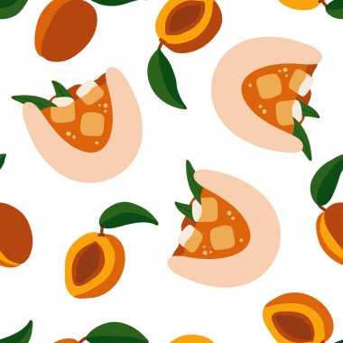 Kayısılı kusursuz desen ve buzlu bir bardak meyve suyu. Sonsuz elementleri tekrarlıyor. Yaz baskısı için sulu ve lezzetli meyveler. Tekstil, ambalaj, kartpostallar vs. için arkaplan.