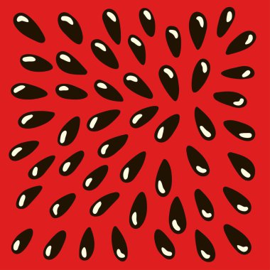 Parlak kırmızı arka planda siyah karpuz tohumları. Yaz tasarımı için tebrik kartı. Düz stil modern illüstrasyon. Sulu renkli elementler.