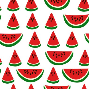 Kırmızı karpuz dilimleriyle kusursuz desen. Sonsuz elementleri tekrarlıyor. Yaz baskısı için sulu ve lezzetli meyveler. Tekstil, ambalaj, kartpostallar vs. için arkaplan.