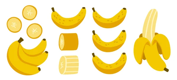 Bananas Amarillas Maduras Enteros Pedazos Conjunto Frutas Jugosas Para Diseño — Vector de stock