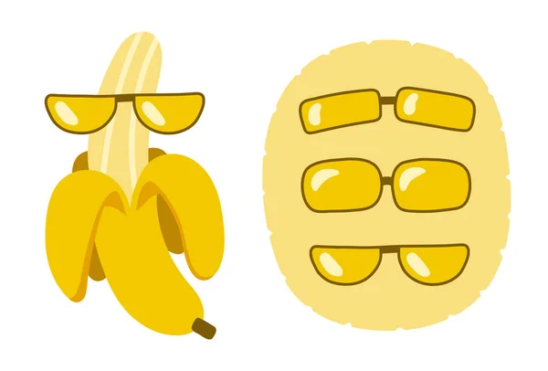 Набор Элементов Открыток Забавный Банан Очках Другие Солнечные Очки Желтый — стоковый вектор