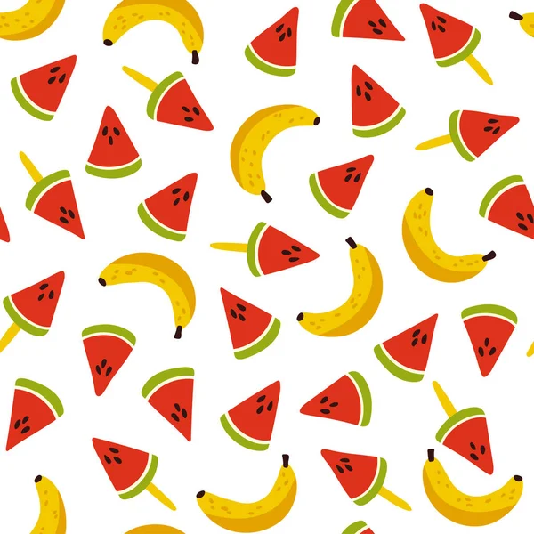 Seamless Pattern Yellow Bananas Slices Watermelon Stick Repeating Endless Elements — Stock Vector