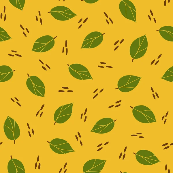 Hojas Verdes Semillas Marrones Patrón Amarillo Sin Costuras Patrón Repetitivo — Vector de stock