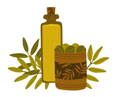 Lezzetli ve taze organik Akdeniz zeytinleri. Arka planda zeytin dalı var. Teneke bir kutuda yeşil zeytin ve bir şişe zeytinyağı. Zeytinyağı ürünleri. Yunan gıda satış kavramı.