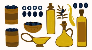 Büyük bir set Yunan yemeği. Siyah zeytin, zeytin dalı ve yağ. Şişeler, kaseler ve kavanozlar dolusu zeytinyağı. Akdeniz sağlıklı biyolojik gıdası. Taze ve sağlıklı meyveler. Modern tasarım için izole elementler.