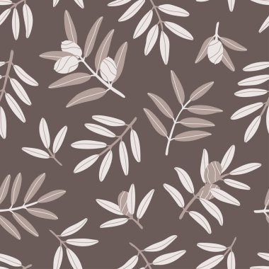Kusursuz tekrarlama kalıbı. Yunan yemeğiyle desen. Kahverengi arka planda bir zeytin ağacının gri dalları. Sonbahar ve yaz deseni. Pastel renkler.