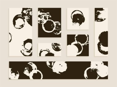 Siyah ve beyaz arkaplanda lekeli daireler. Tasarım için el yapımı şablonlar. Soyut mürekkep lekeleri. Kartvizitler, yatay ve dikey broşürler, afişler.