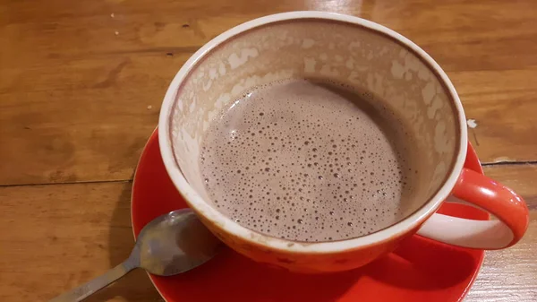 Vue Dessus Cacao Dans Une Tasse Sur Dessous Verre Céramique — Photo