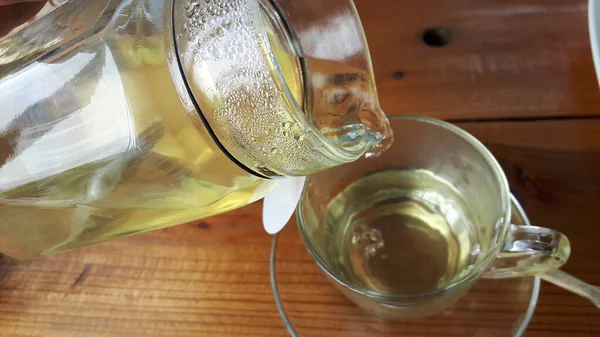 Top View Jasmine Tea Glass Jar Poured Mug Placed Brown — Stock Photo, Image
