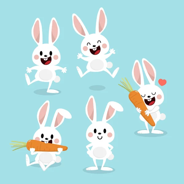 Havuçlu şirin beyaz tavşan. Tavşan çizgi film vektör koleksiyonu. Hayvan yaban hayatı karakteri seti.