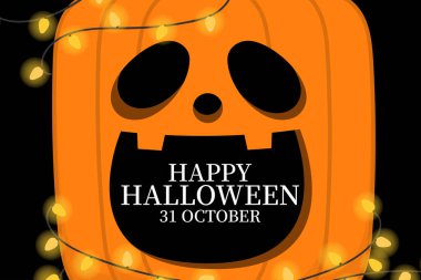 Balkabağı ve ampullü Cadılar Bayramı tebrik kartın kutlu olsun. Tatlı tatil çizgi film karakteri.. 