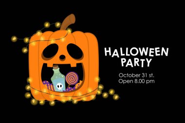 Balkabağı, şeker, zehirli şişe ve ampullü Cadılar Bayramı davetiyesi kutlu olsun. Şirin bir tatil çizgi film karakteri. - Vektör