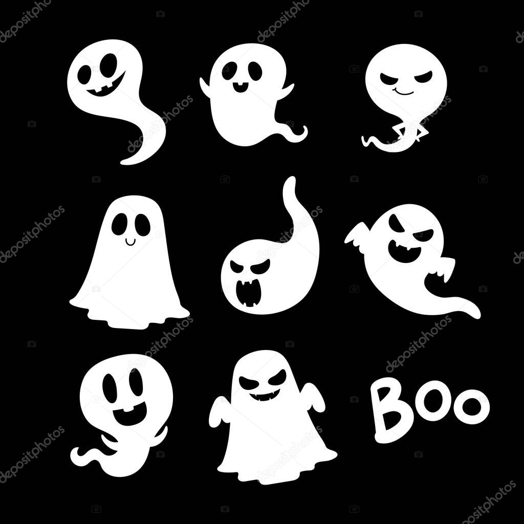 Happy halloween greeting card with cute and scary ghost. Holidays cartoon character. -Vector
