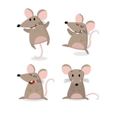 Şirin fare vektör seti. Küçük farenin uzun kuyruk koleksiyonu var. Hayvan Vahşi Yaşam çizgi film karakteri.