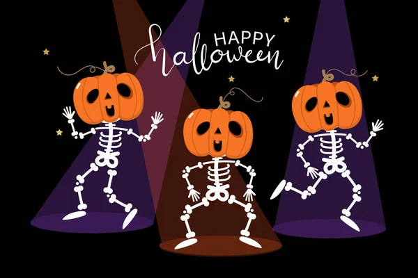 Tatlı iskeletli ve balkabağı danslı Cadılar Bayramı tebrik kartın kutlu olsun. Tatil karikatür karakter vektörü. Kaligrafi el yazısı.