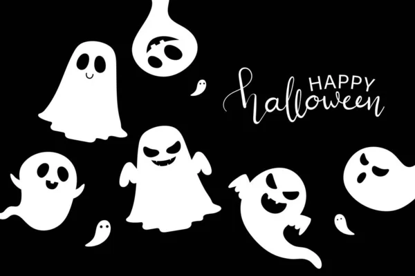 Tatlı ve korkunç hayaletli Cadılar Bayramı tebrik kartın kutlu olsun. Tatil çizgi film karakteri. - Vektör