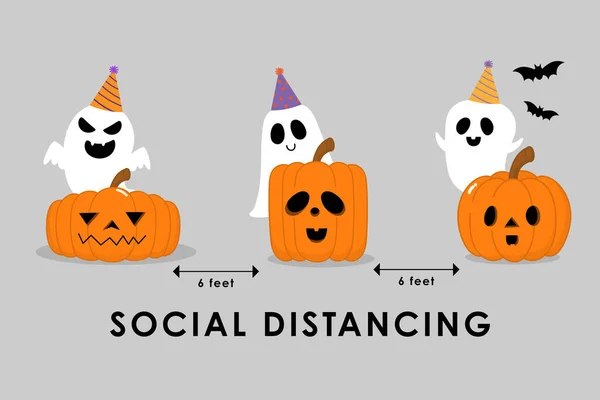 Şapka partisinde sevimli, korkunç bir hayalet ve balkabağı ile sosyal mesafeler (COVID-19). Tatil çizgi film karakteri. Corona Virüs Koruma-Vektörü.