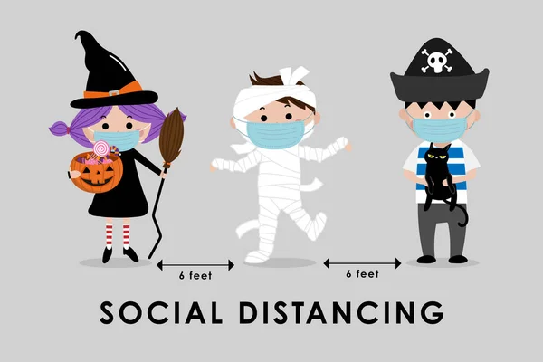 Covid Sociale Afstandelijke Infographic Met Leuke Halloween Stripfiguur Kinderen Heksen — Stockvector