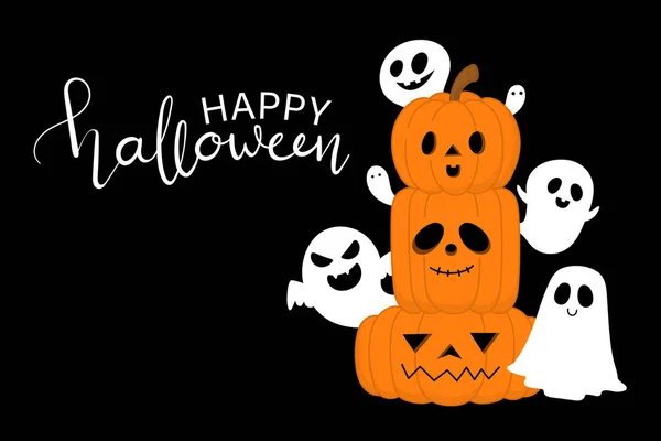 Feliz Tarjeta Felicitación Halloween Con Lindo Fantasma Calabaza Espeluznante Personaje — Archivo Imágenes Vectoriales