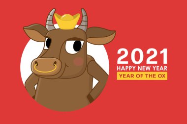 Mutlu Çin yılbaşı tebrik kartları. 2021 Ox Zodyak. Şirin inek ve altın para. Hayvan bayramı çizgi film karakteri. Çevirisi: Mutlu yıllar. - Vektör