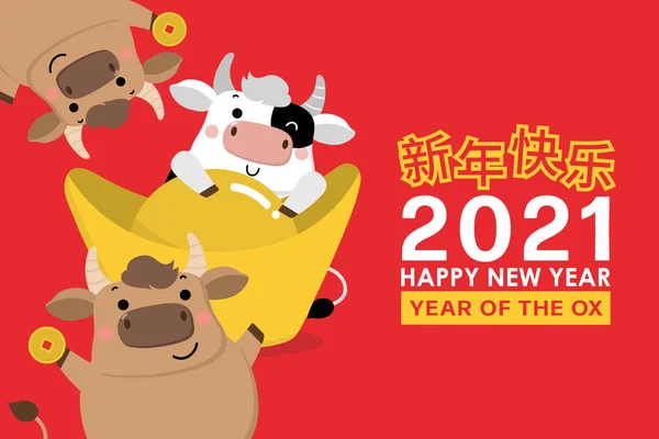 Mutlu Çin yılbaşı tebrik kartları. 2021, öküz yılı. Üç tatlı boğa, erkek inek ve altın para. Hayvan bayramı çizgi film karakteri. Çevirisi: Mutlu yıllar. - Vektör