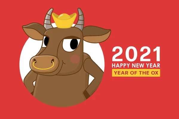 Mutlu Çin yılbaşı tebrik kartları. 2021 Ox Zodyak. Şirin inek ve altın para. Hayvan bayramı çizgi film karakteri. Çevirisi: Mutlu yıllar. - Vektör
