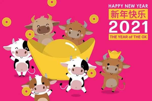Mutlu Çin yılbaşı tebrik kartları. 2021 Ox Zodyak. Şirin inek ve altın para. Hayvan bayramı çizgi film karakteri. Çevirisi: Mutlu yıllar. - Vektör