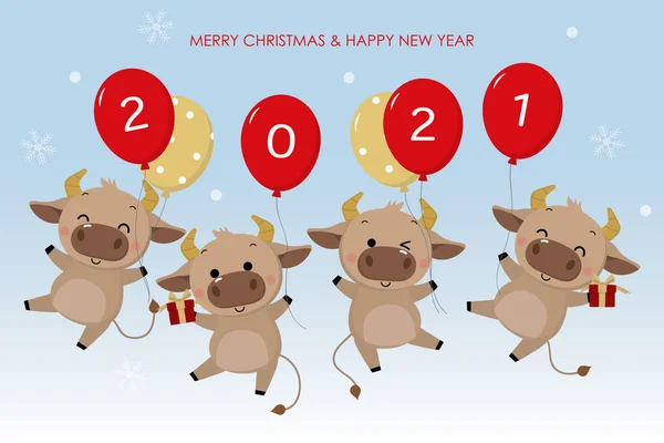 Mutlu Noeller ve mutlu yıllar 2020. Öküz yılı. Kırmızı balonlu erkek inek ve boğa. Hayvan bayramı çizgi film karakteri. - Vektör
