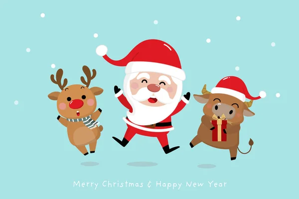 Noel Baba, geyik, kardan adam ve inekle mutlu Noeller. Öküzün 2021 yılı. Tatlı boğa hayvan bayramı çizgi film karakteri vektörü.