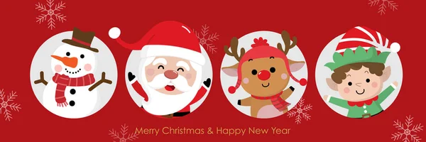 Noel Baba, geyik, kardan adam ve küçük elfle mutlu Noeller. Sevimli tatil çizgi film karakteri vektörü.