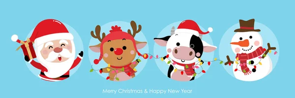 Noel Baba, geyik, kardan adam ve inekle mutlu Noeller. Öküzün 2021 yılı. Tatlı boğa hayvan bayramı çizgi film karakteri vektörü.