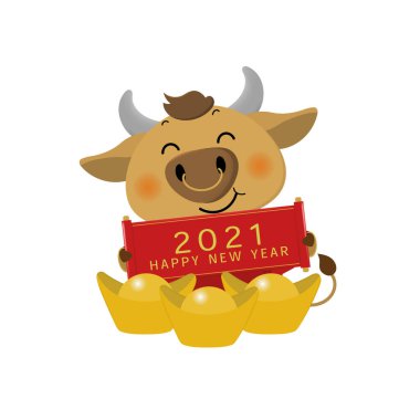 Mutlu Çin yılbaşı tebrik kartları. 2021 Ox Zodyak. Kırmızı kostümlü şirin inek ve altın para. Hayvan bayramı çizgi film karakteri.