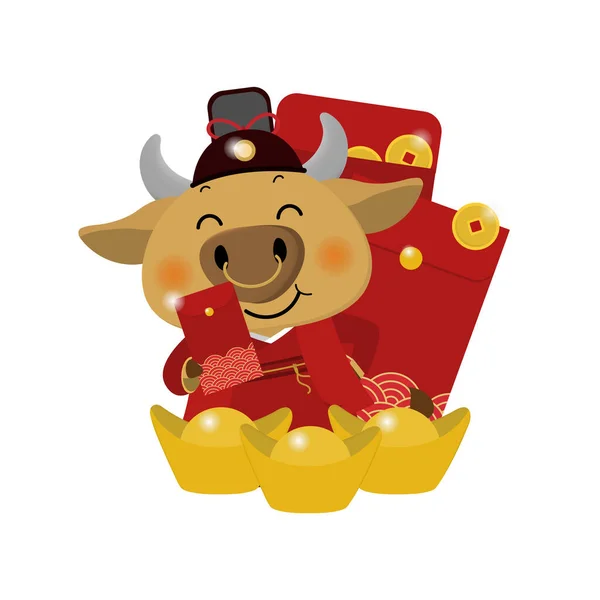 Mutlu Çin yılbaşı tebrik kartları. 2021 Ox Zodyak. Kırmızı kostümlü şirin inek ve altın para. Hayvan bayramı çizgi film karakteri. Tercümesi: Ox. - Vektör