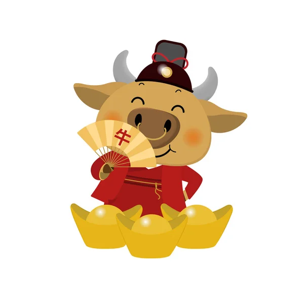 Mutlu Çin yılbaşı tebrik kartları. 2021 Ox Zodyak. Kırmızı kostümlü şirin inek ve altın para. Hayvan bayramı çizgi film karakteri. Tercümesi: Ox. - Vektör