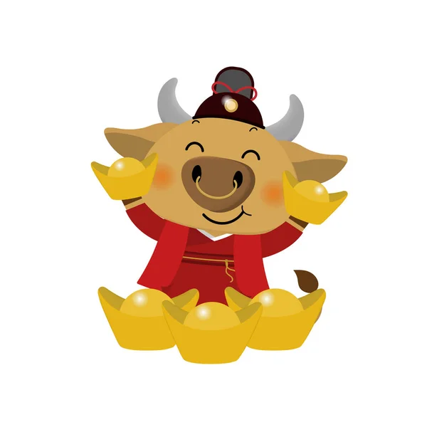 Mutlu Çin yılbaşı tebrik kartları. 2021 Ox Zodyak. Kırmızı kostümlü şirin inek ve altın para. Hayvan bayramı çizgi film karakteri. 