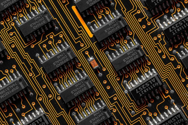 Electronic circuit board close up.Memory chip.flat lay
