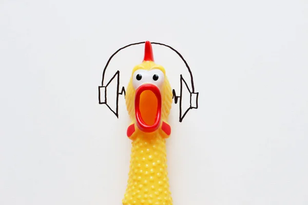 Bright Yellow Chicken Listening Music Its Mouth Open Headphones Creative — Stock Photo, Image