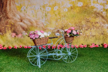 Çiçekli mavi bisikletli bir fotoğraf stüdyosunda bahar mini seansı.