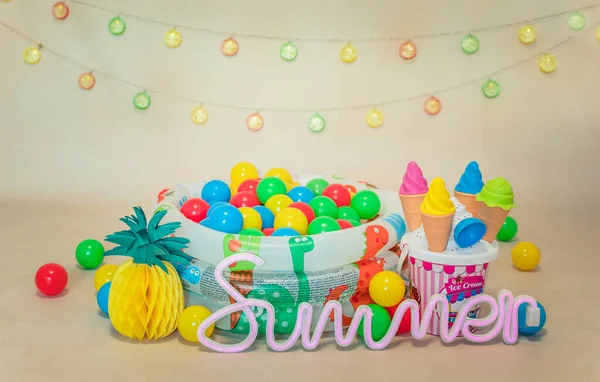 Summer Photoshoot Studio Kids Ball Swimming Pool Umbrella Pink Flamingo Royalty Free Stock Photos