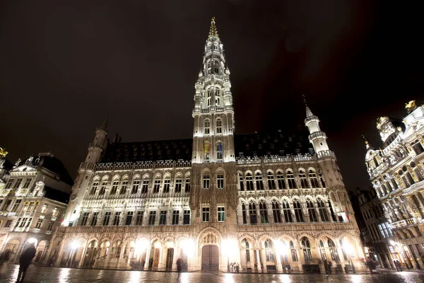 Panoramic Night View Grand Place Brussels Belgium Rain Long Time — Stock Photo, Image