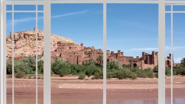 Ait Ben Haddou Paisaje Urbano Visto Desde Una Ventana Blanca — Vídeos de Stock