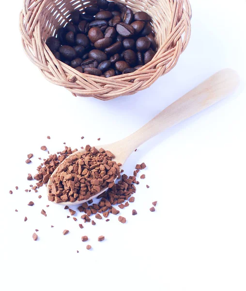 Freeze Szárított Kávé Kanál Granulált Instant Coffee Közelkép Fehér Alapon — Stock Fotó