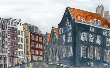 Amsterdam binalarının güzel suluboya çizimi