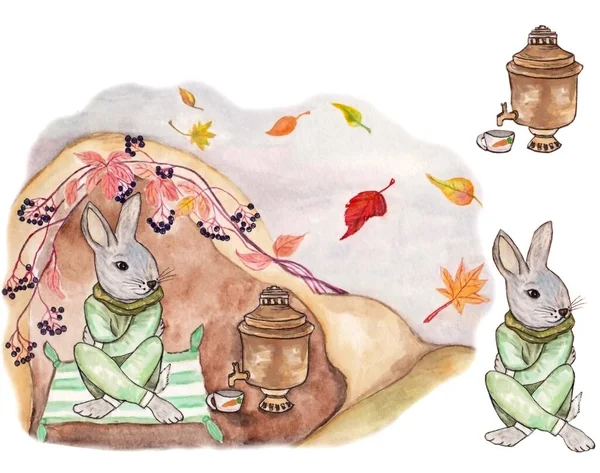 Sonbaharda beyaz ve siyah izole arkaplan üzerine zarif tasarım için semaver sürmüş güzel çizgi film tavşanının suluboya çizimi