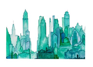New York şehrinin güzel manzarasının suluboya çizimi, mavi ve yeşil renkler, beyaz izole arka planda modern tasarım için