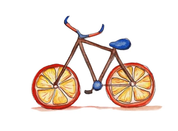 Akvarell illusztráció gyönyörű és fanny kerékpár narancssárga kerekek a modern design a gyerek fehér elszigetelt háttér — Stock Fotó