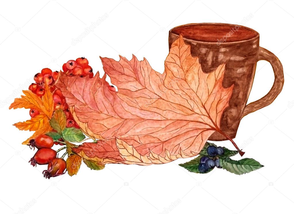 Watercolor illustration of beautiful orange leaves with berries and cup for warm autumn design on white isolated background