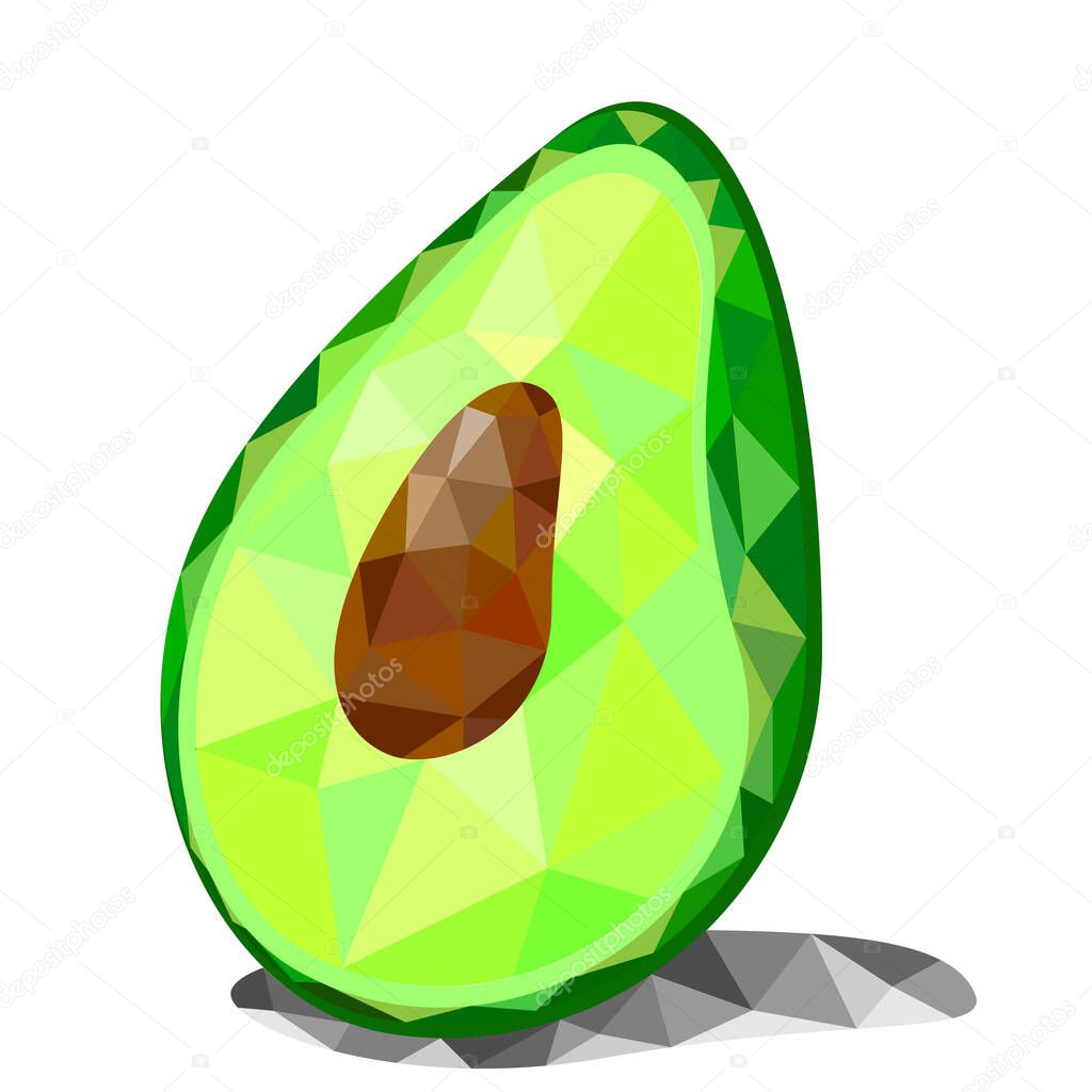 Vector illustration of green avocado in low poly, polygonal style, geometric figures.